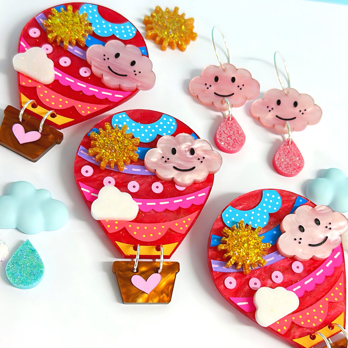 LET’S FLY AWAY : HOT AIR BALLOON : Strawberry Swirls: Handmade Resin & Acrylic BROOCH
