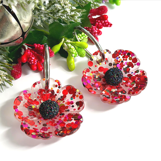 CONFETTI POPPIES : CLASSIC RED : Handmade Resin Drop Earrings on Huggie Hoops
