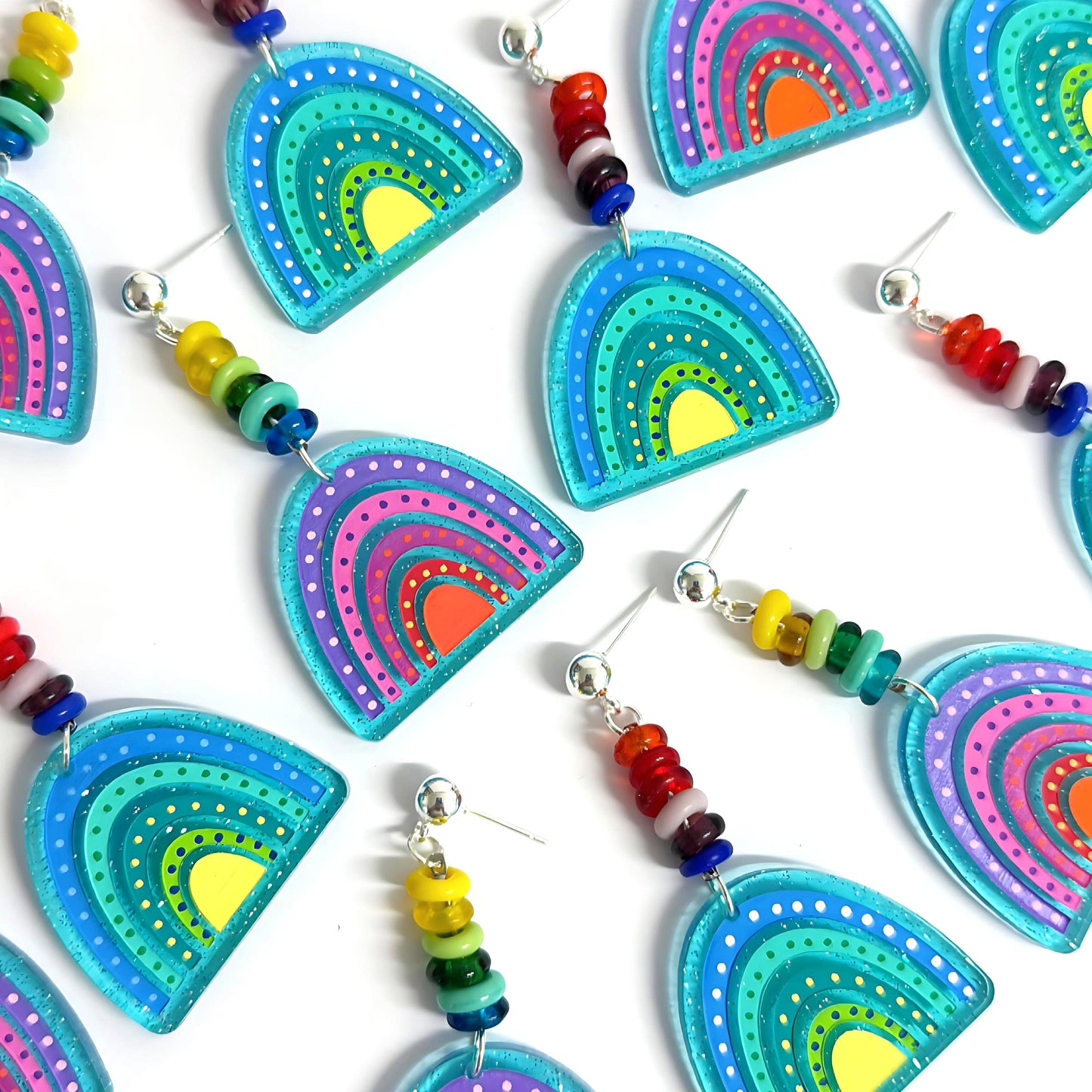 BEADED BOWS : Asymmetrical Rainbows : Handmade Acrylic Stud-top DROP Earrings