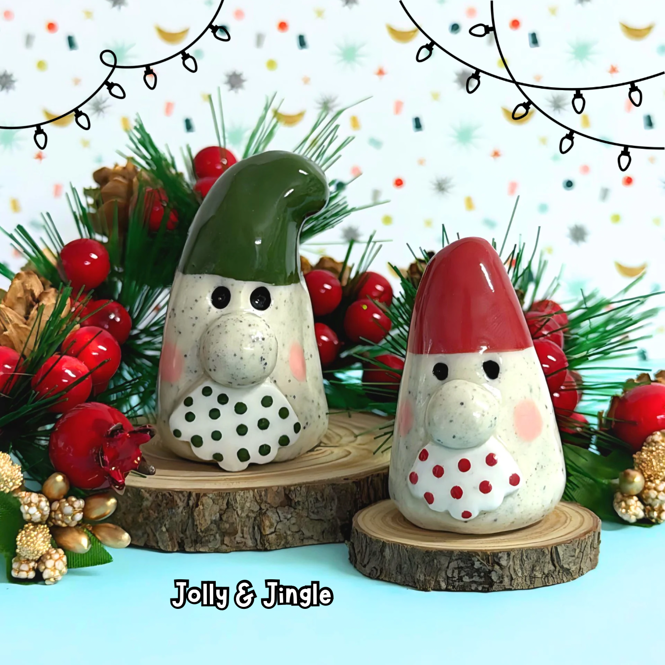 JOLLY & JINGLE : Santa Gnome PAIR : Handmade Ceramic Whimsies by Jo Kealley