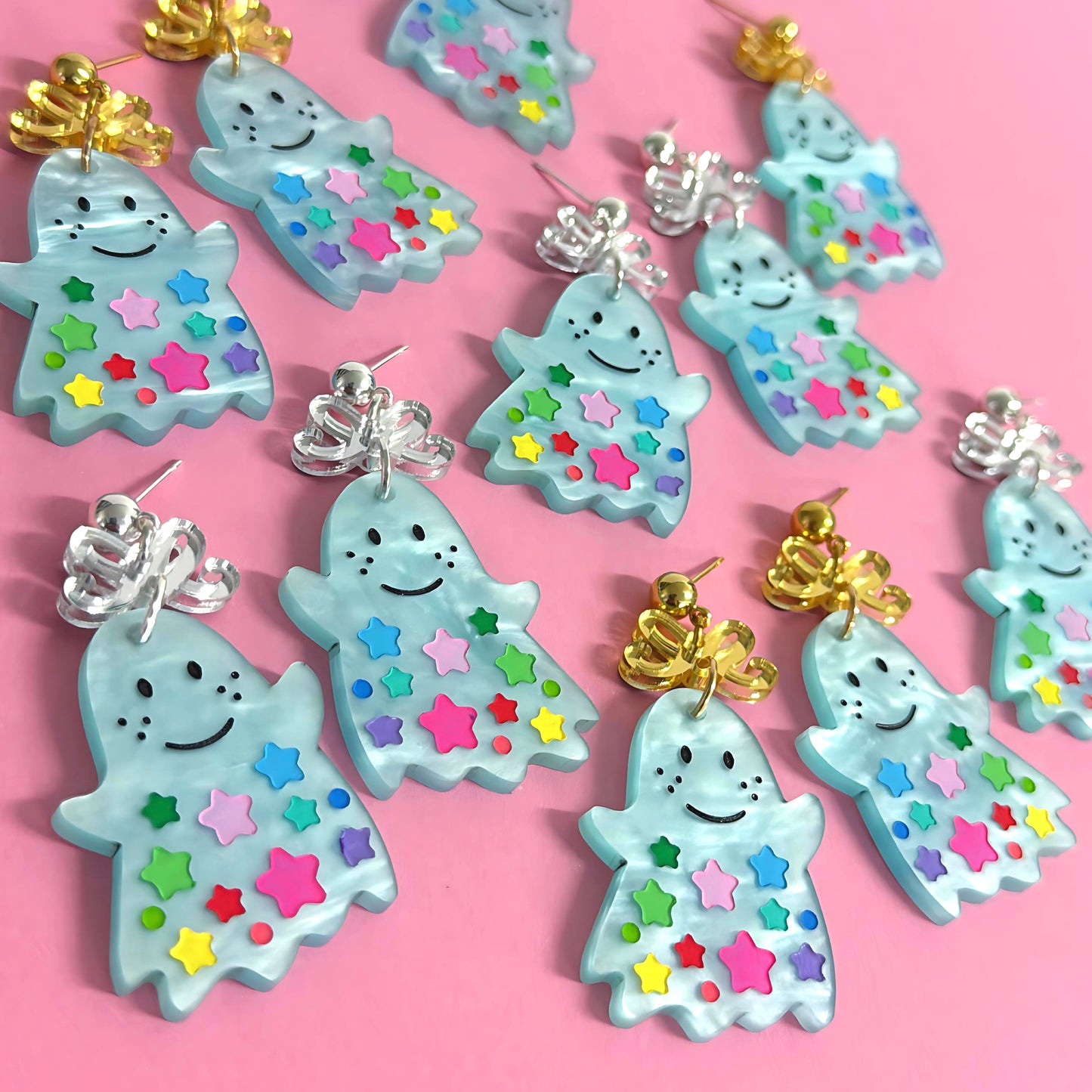 RAINBOW STARDUST GHOSTS : Choose silver or gold fittings : Handpainted Acrylic DROP Earrings