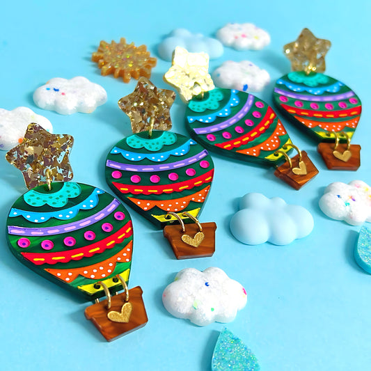 LET’S FLY AWAY : Emerald Shimmer : HOT AIR BALLOONS : Handmade Resin & Acrylic DROP Earrings