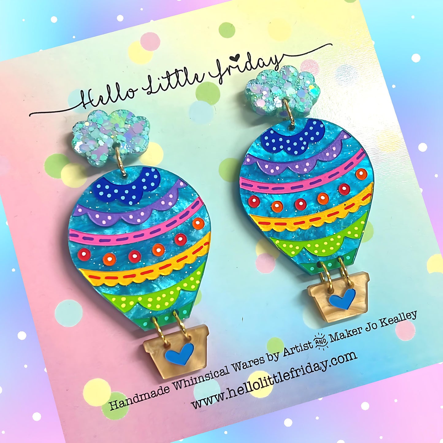 LET’S FLY AWAY : SKY BLUE SHIMMER HOT AIR BALLOONS : Handmade Resin & Acrylic Drop Earrings
