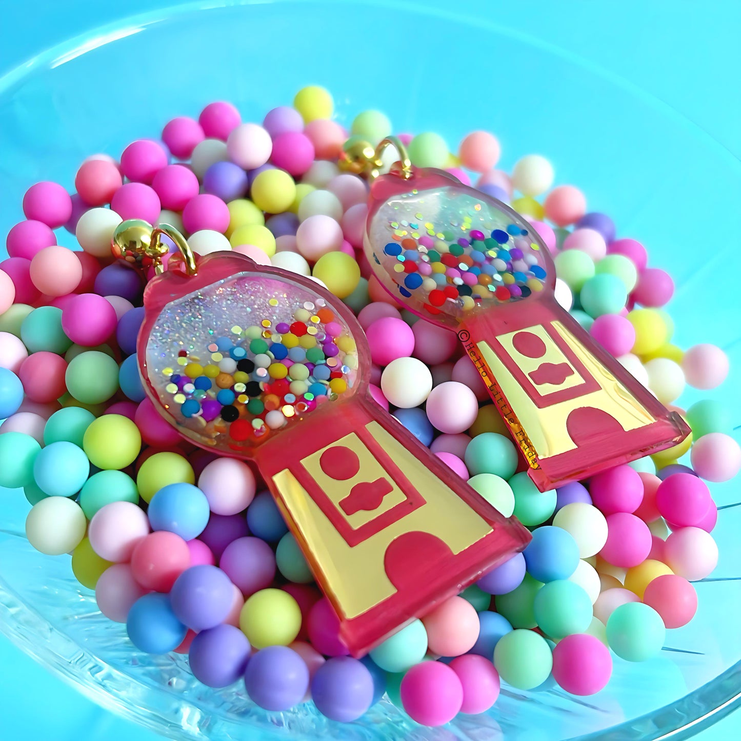 YUM YUM BUBBLEGUM : Golden glow & ruby red : Handmade Stud-top Resin & Acrylic DROP Earrings