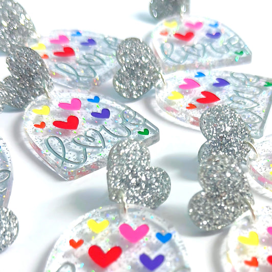 LOVE ACTUALLY : HOLOGRAPHIC GLITTER : Handpainted Acrylic Drop Earrings