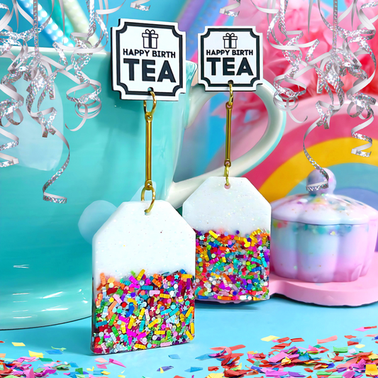HAPPY BirthTEA : Birthday Tea : Handmade Resin & Acrylic Stud-top DROP Earrings