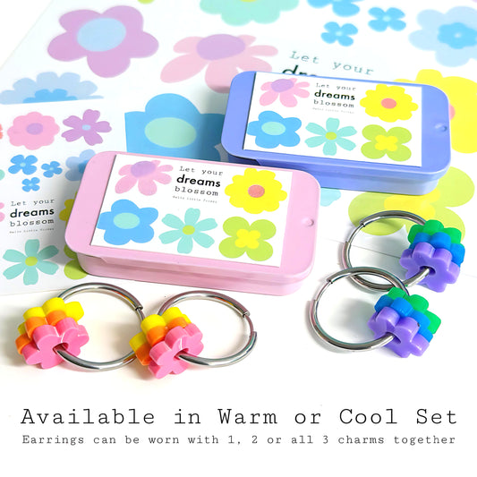 PETITE DAISY SPINNER SETS  : 3 pairs of daisies + 1 pair of hoops : Choose warm or cool set : Handmade Acrylic DROP Earrings
