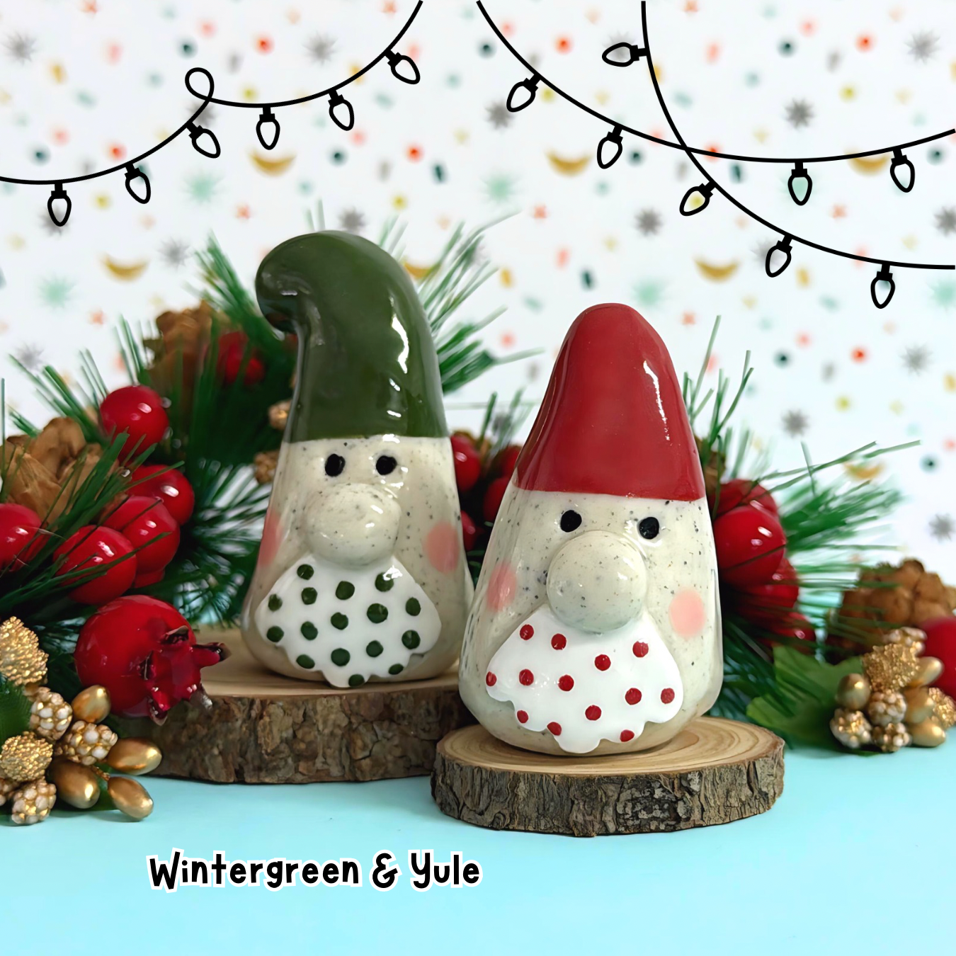 WINTERGREEN & YULE : Santa Gnome PAIR : Handmade Ceramic Whimsies by Jo Kealley