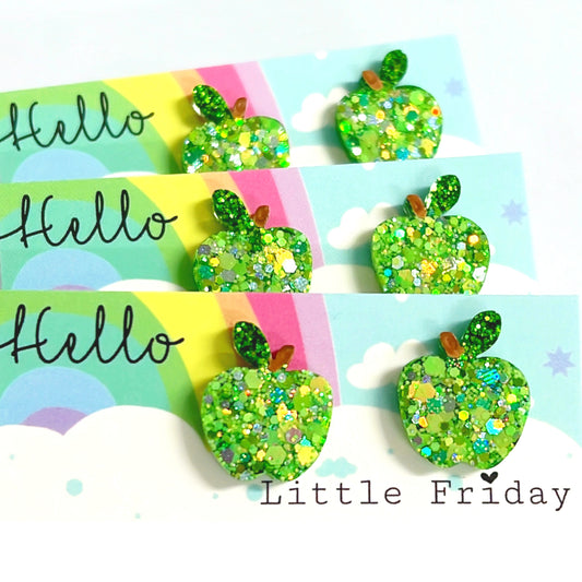 AN APPLE A DAY : Granny Smith Green : Handmade Resin STUD Earrings