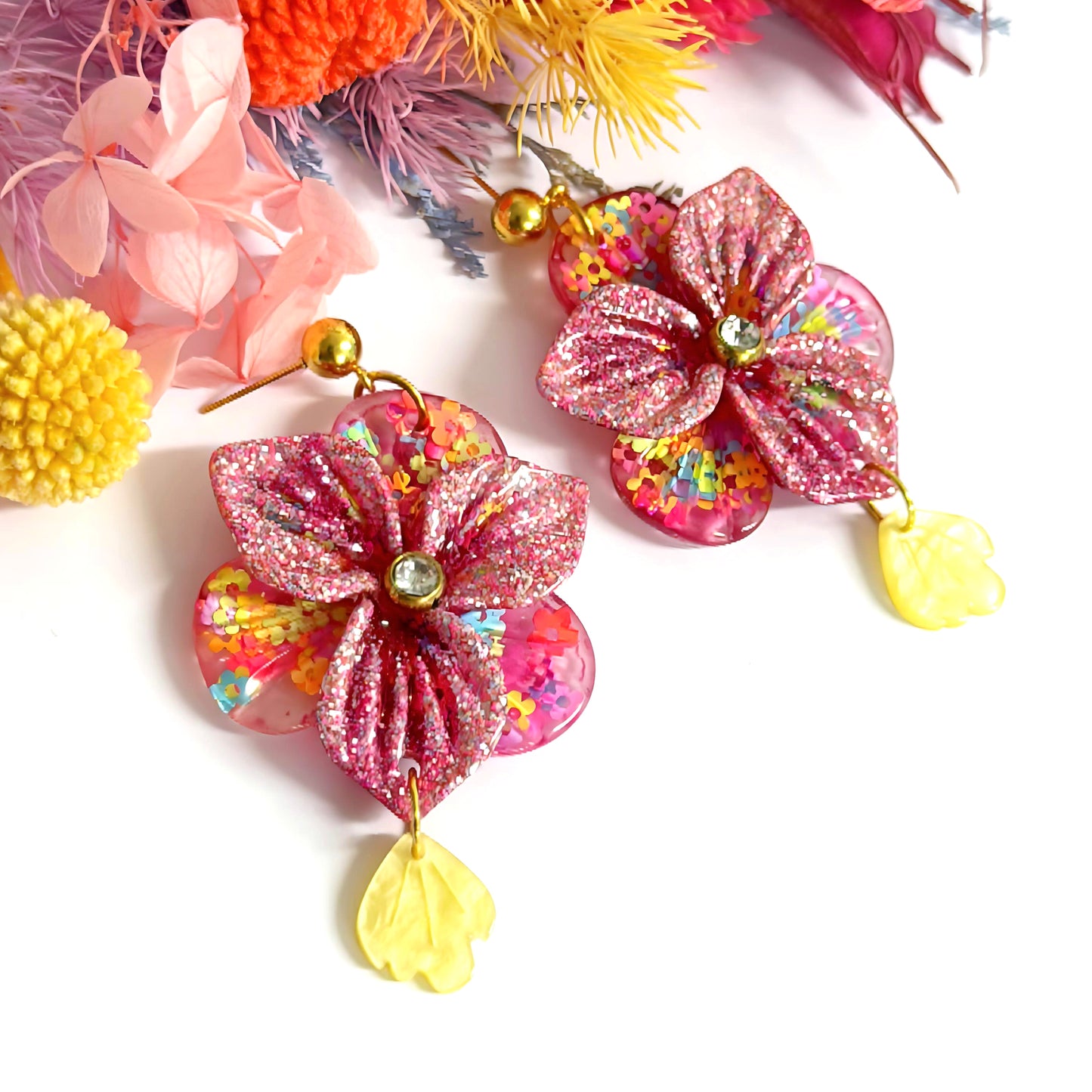 3D PANSIES with handset Swarovski Crystal centres : Handmade Resin DROP Earrings