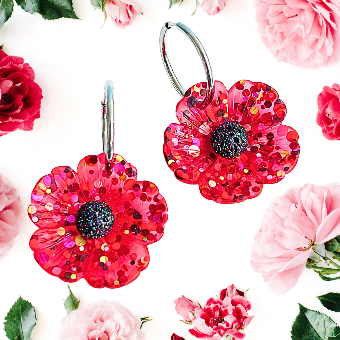 CONFETTI POPPIES : Choose your colour : Handmade Resin DROP Earrings on HOOPS