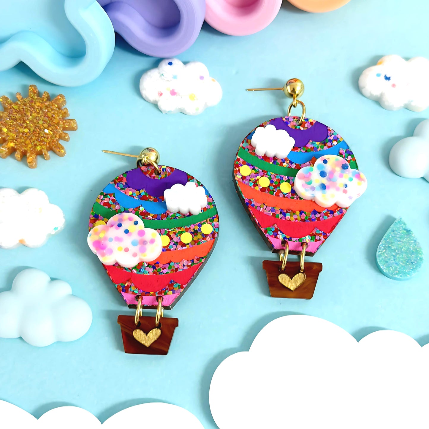 LET’S FLY AWAY : Bright Rainbow : HOT AIR BALLOONS : Handmade Resin & Acrylic DROP Earrings by