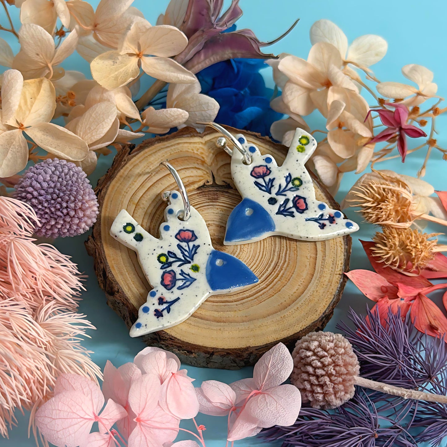 BOTANICA CERAMICA : BLUEBIRDS : Ceramic Earrings by Jo Kealley