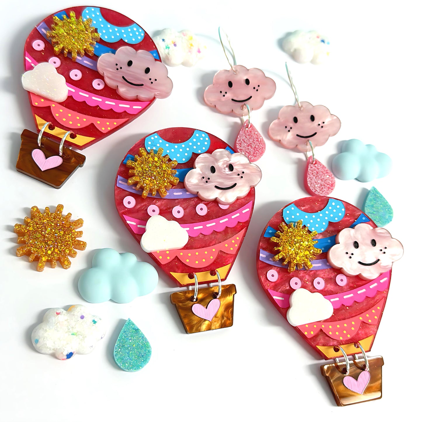 LET’S FLY AWAY : HOT AIR BALLOON : Strawberry Swirls: Handmade Resin & Acrylic BROOCH