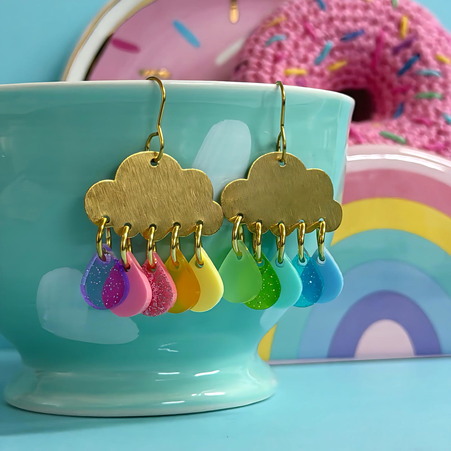 IT’S RAINING RAINBOWS PASTEL : Antique : Handmade Brass & Acrylic DROP Earrings
