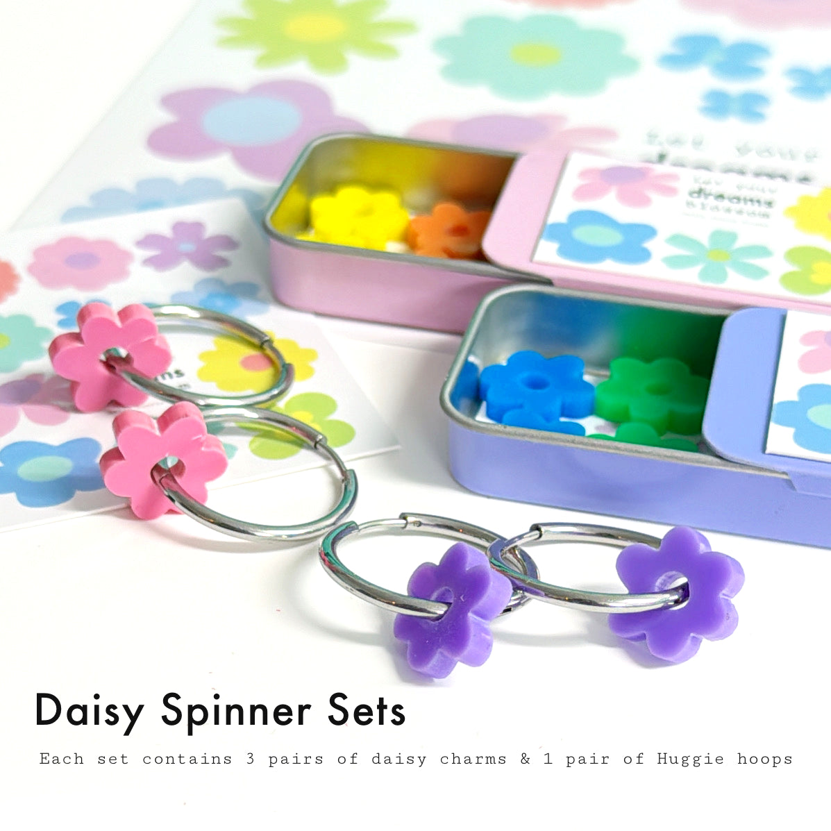 PETITE DAISY SPINNER SETS : 3 pairs of daisies + 1 pair of hoops : Choose warm or cool set : Handmade Acrylic DROP Earrings