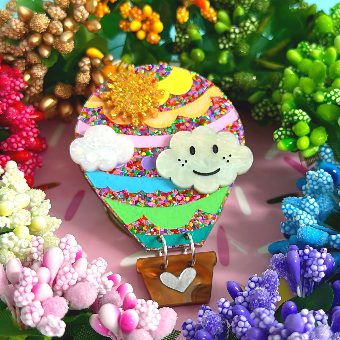 LET’S FLY AWAY : HOT AIR BALLOON : Pastel Rainbow : Handmade Resin & Acrylic BROOCH