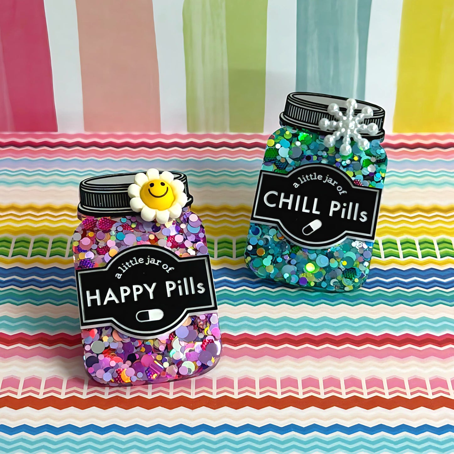 LIMITED EDITION : A LITTLE JAR OF : HAPPY PILLS or CHILL PILLS : Handmade Resin & Acrylic BROOCH