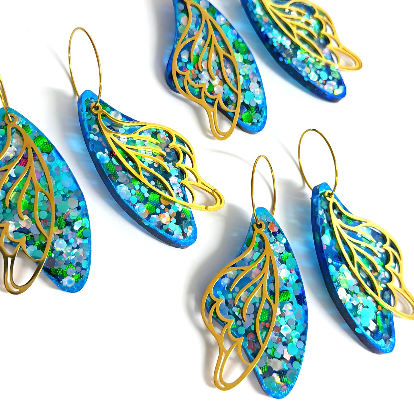 ONE PAIR - 3 WAY : WINGS : Butterfly Fairy : Handmade Holographic Acrylic DROP Earrings
