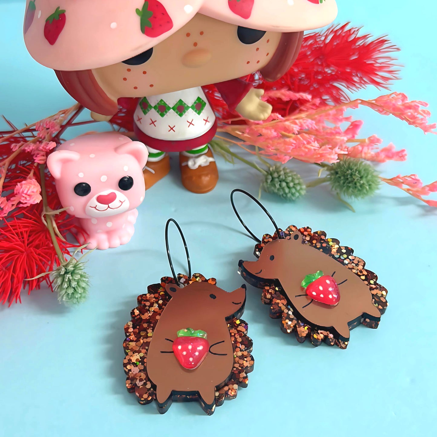 HELLO LITTLE HEDGEHOGS : STRAWBERRY LOVE : Handmade Resin & Acrylic DROP Earrings