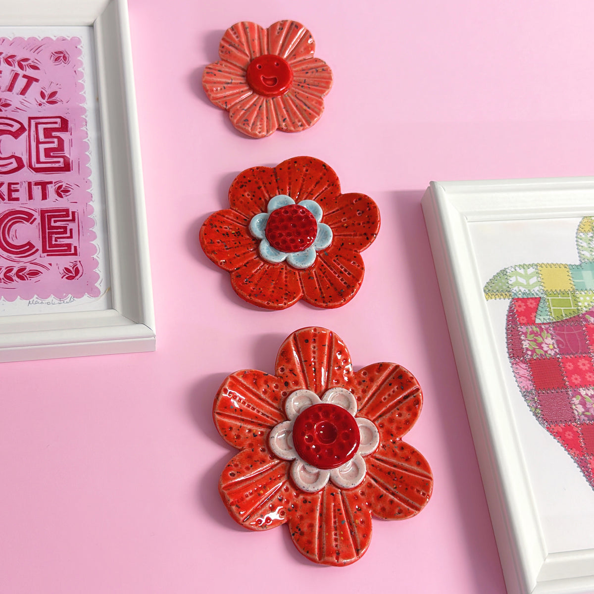 Peach Red Pink & Blue WALLFLOWERS Wall Art : Choose your design : Handmade Ceramic Ornaments by Jo Kealley