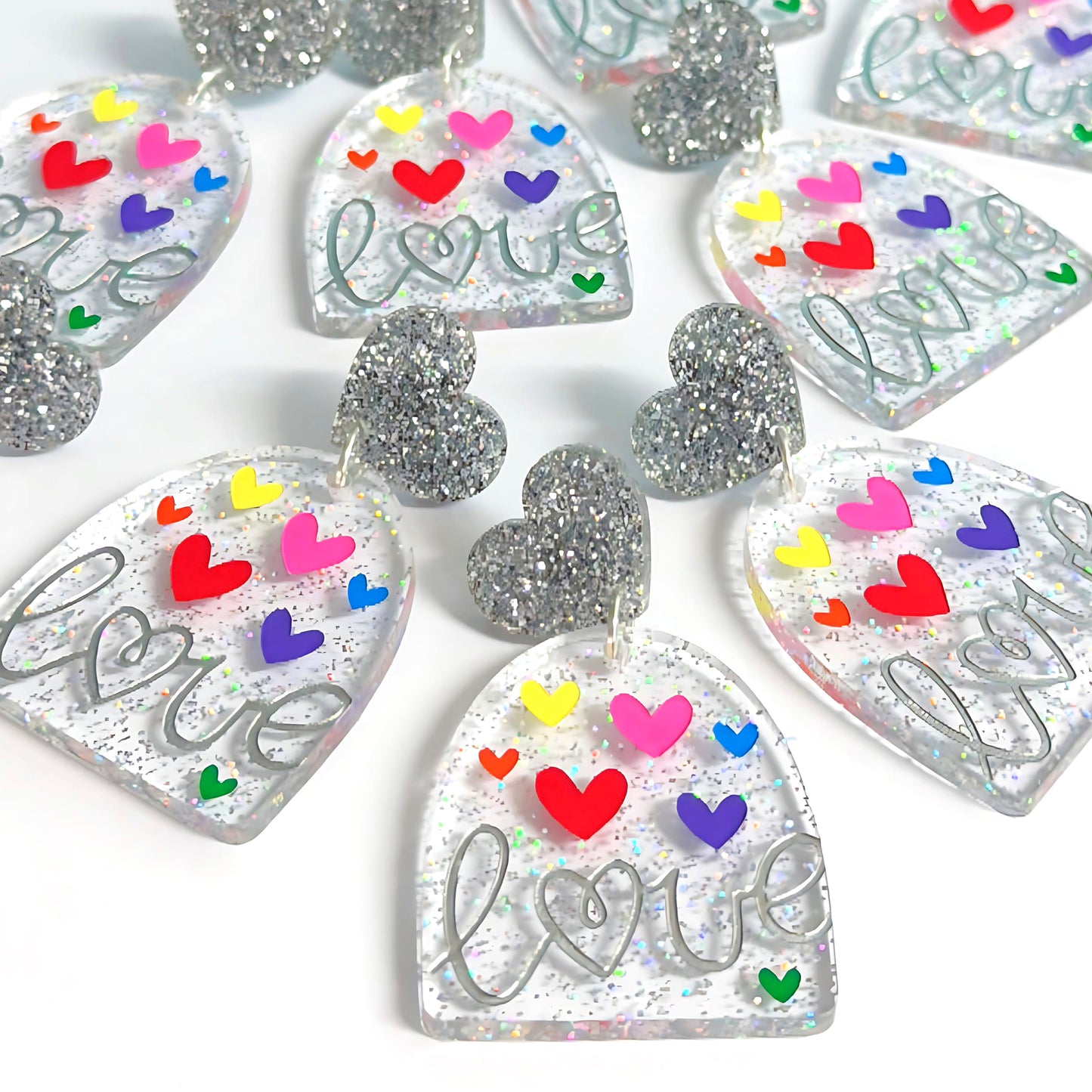 LOVE ACTUALLY : HOLOGRAPHIC GLITTER : Handpainted Acrylic Drop Earrings