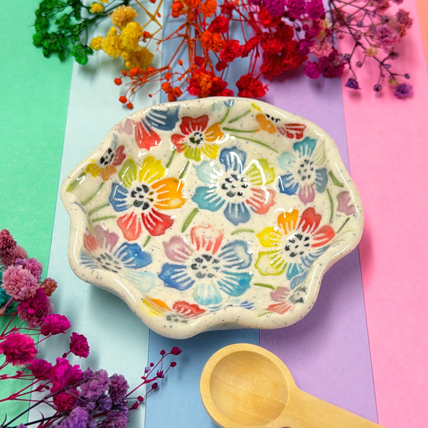 RAINBOW GARDEN ~ Wave-edged Bowl : Handmade Ceramic Treats & Tapas Dishes by Jo Kealley