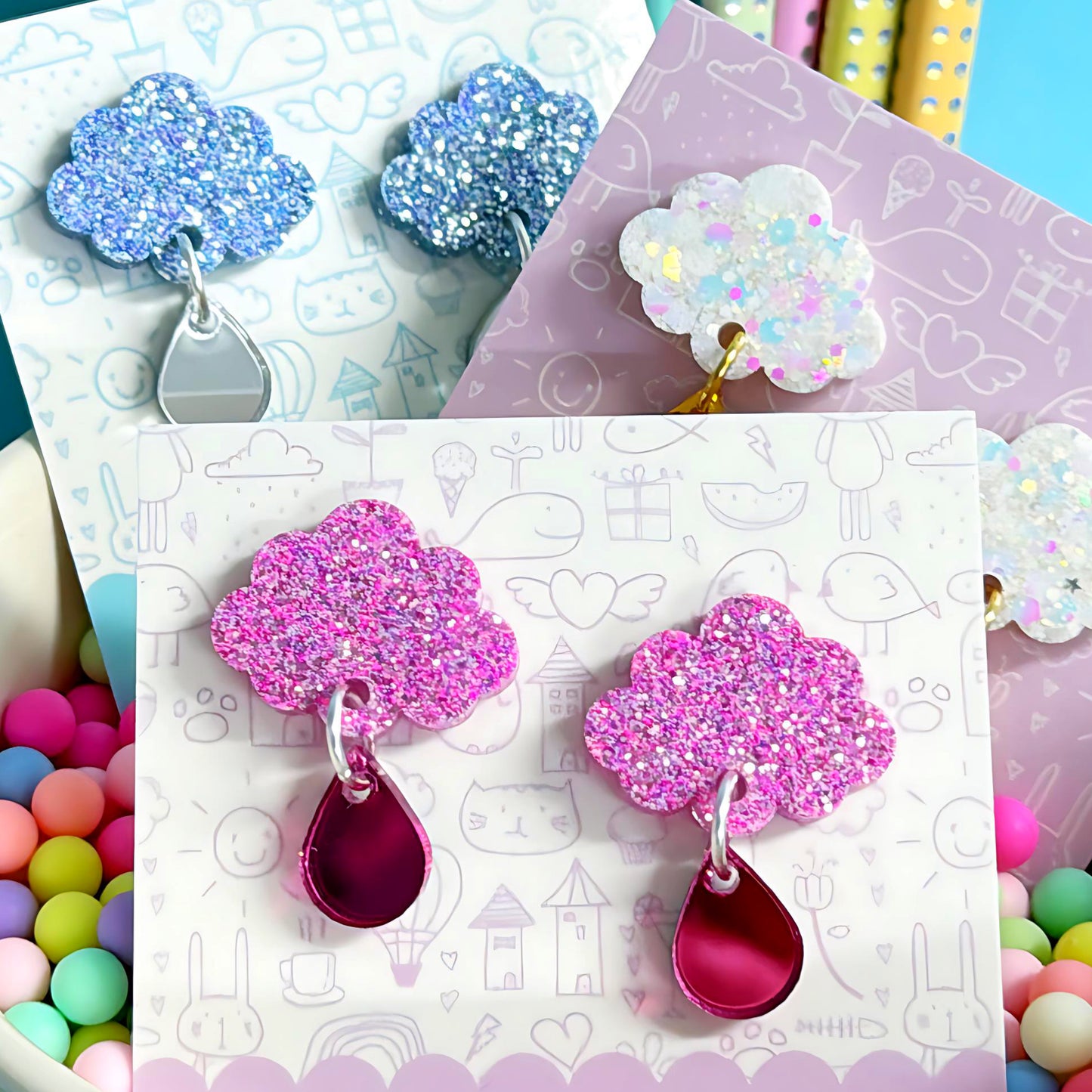 BABY CLOUDS : Choose your colour : Handmade Resin & Acrylic Stud-top DROP Earrings