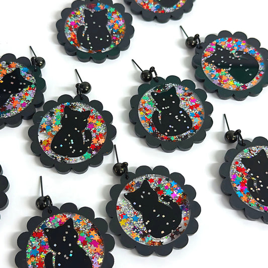 HOLOGRAPHIC RAINBOW STARDUST CATS : Handmade Acrylic & Resin Stud-top DROP Earrings