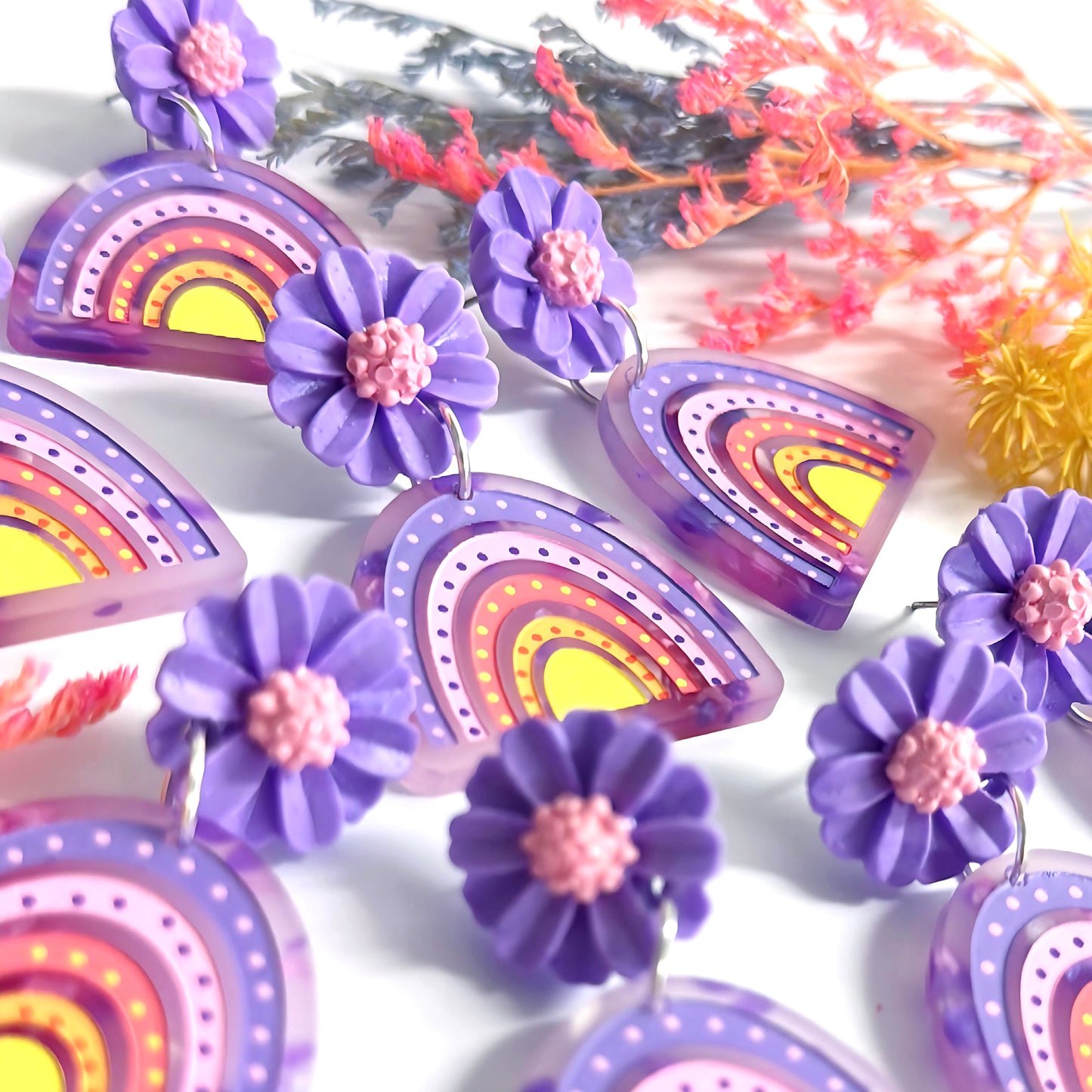 DAISY BOWS : Peach Pink Lavender : Handmade Acrylic Stud-top DROP Earrings