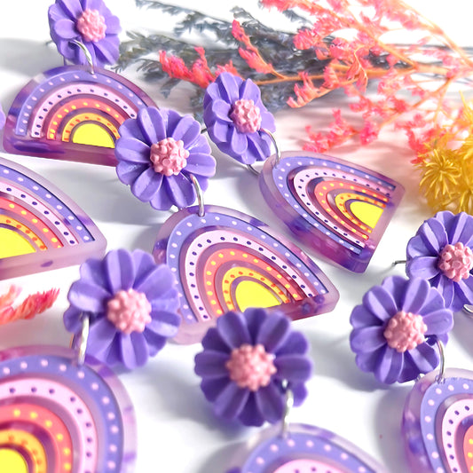 DAISY BOWS : Peach Pink Lavender : Handmade Acrylic Stud-top DROP Earrings