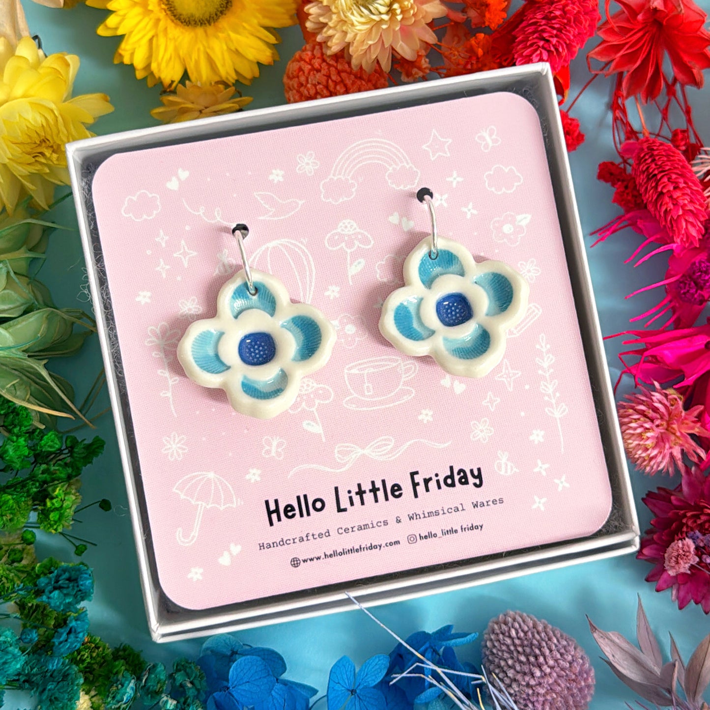 LILACS Sky blue ~ One of a kind pair : PORCELAIN Drop Earrings Handmade by Jo Kealley