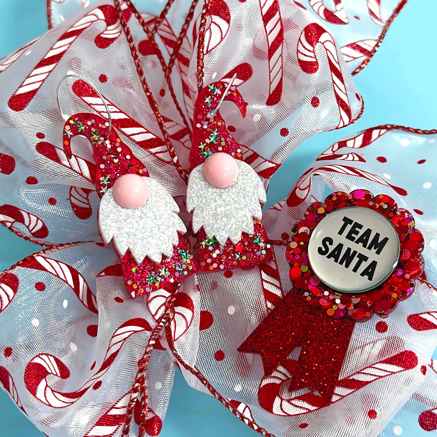 HELLO LITTLE SANTA GNOME : Red Stardust : Handmade Resin DROP Earrings