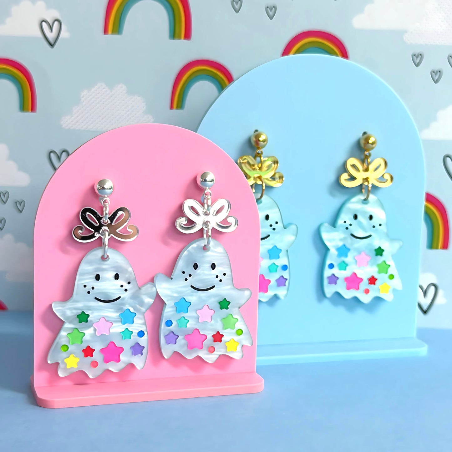 RAINBOW STARDUST GHOSTS : Choose silver or gold fittings : Handpainted Acrylic DROP Earrings