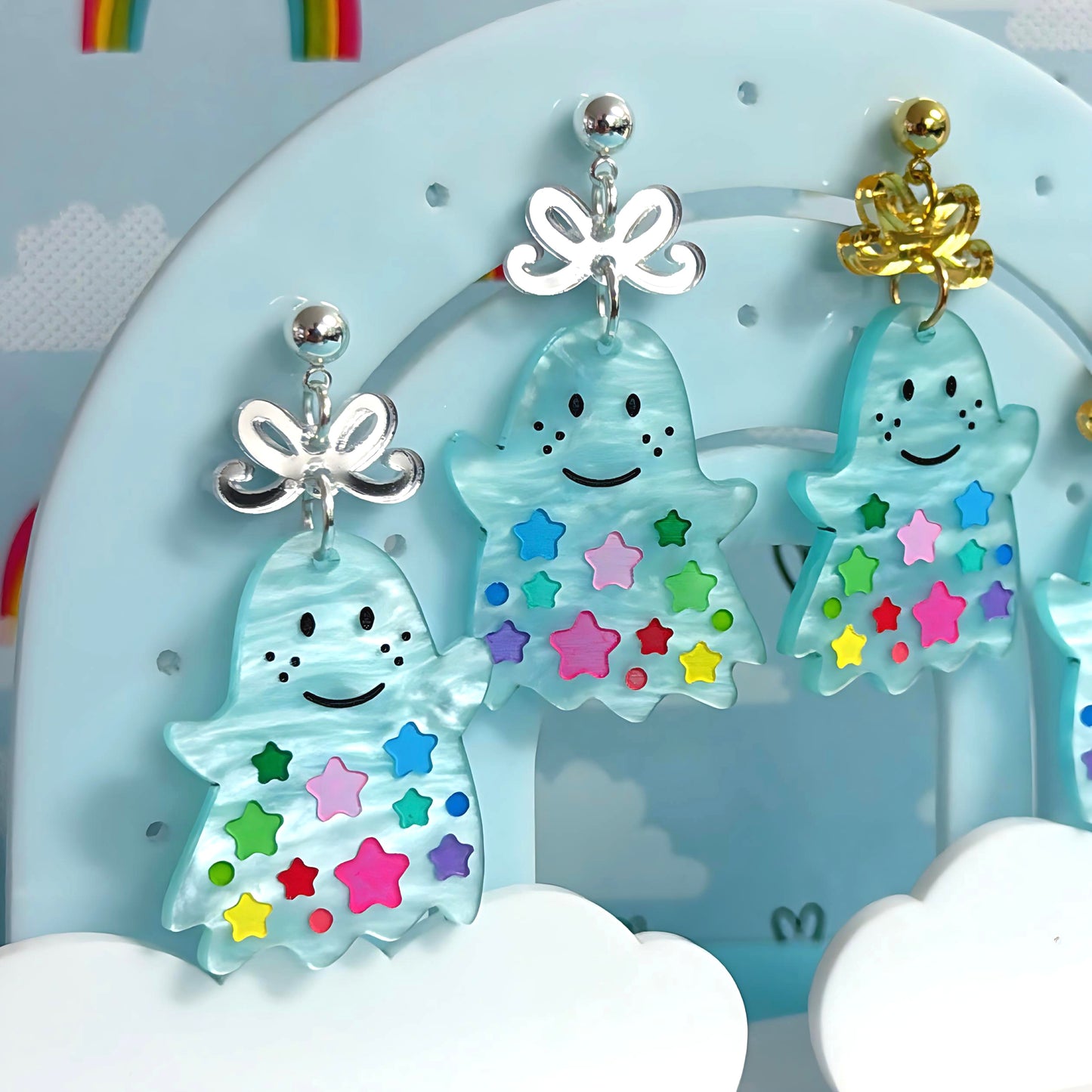 RAINBOW STARDUST GHOSTS : Choose silver or gold fittings : Handpainted Acrylic DROP Earrings