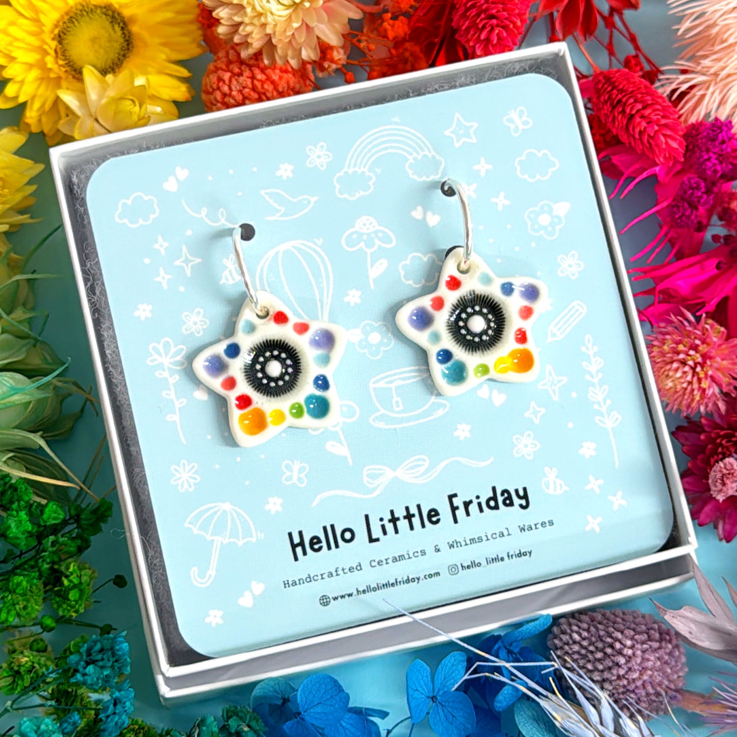 RAINBOW FIELDS : STARFLOWERS ~ PORCELAIN Drop Earrings Handmade by Jo Kealley