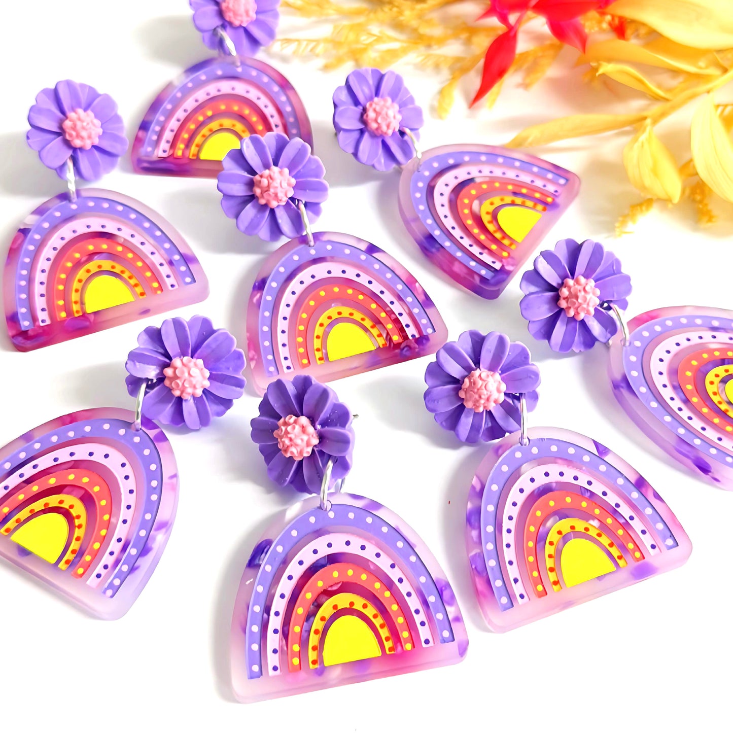 DAISY BOWS : Peach Pink Lavender : Handmade Acrylic Stud-top DROP Earrings