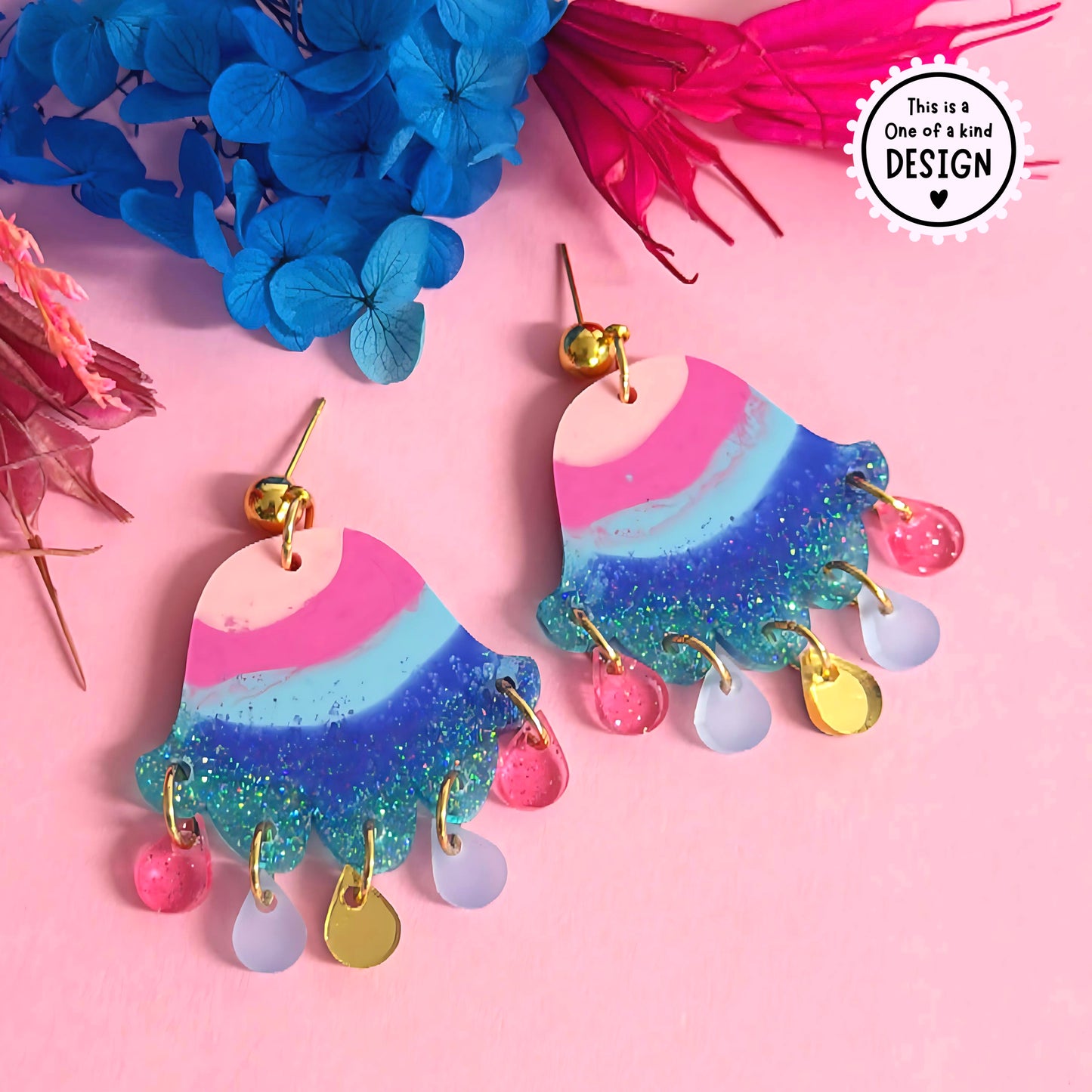 One of a Kind : EMBELLISHED TULIPS : Handmade Resin DROP Earrings