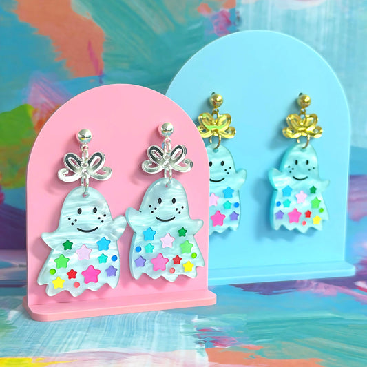 RAINBOW STARDUST GHOSTS : Choose silver or gold fittings : Handpainted Acrylic DROP Earrings