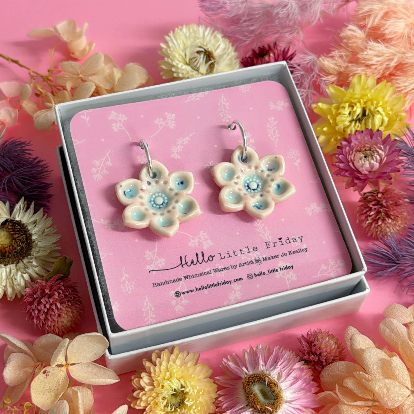 BLUSH & BLUE MIST STARFLOWERS ~ One of a kind : PORCELAIN Drop Earrings by Jo Kealley