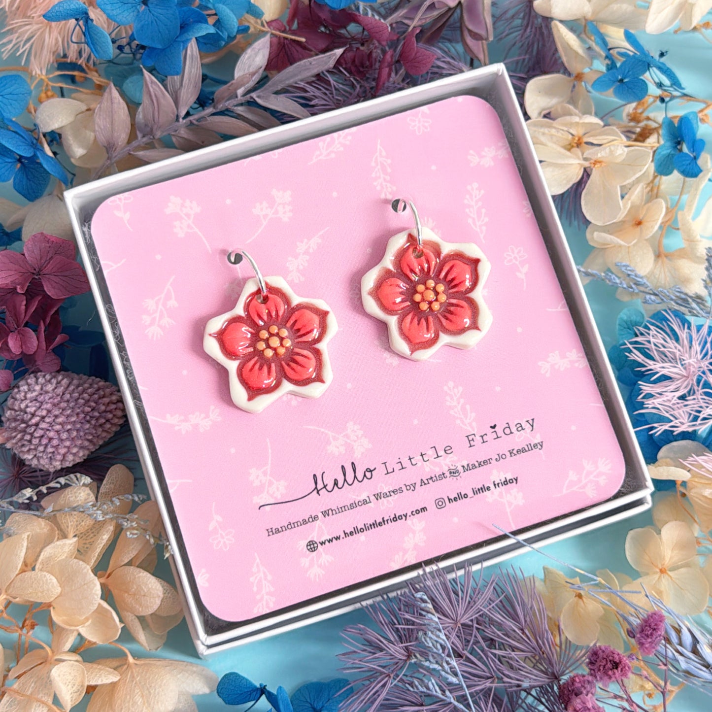 BUTTERCUPS Rose Pink & Ruby ~ PORCELAIN Drop Earrings Handmade by Jo Kealley