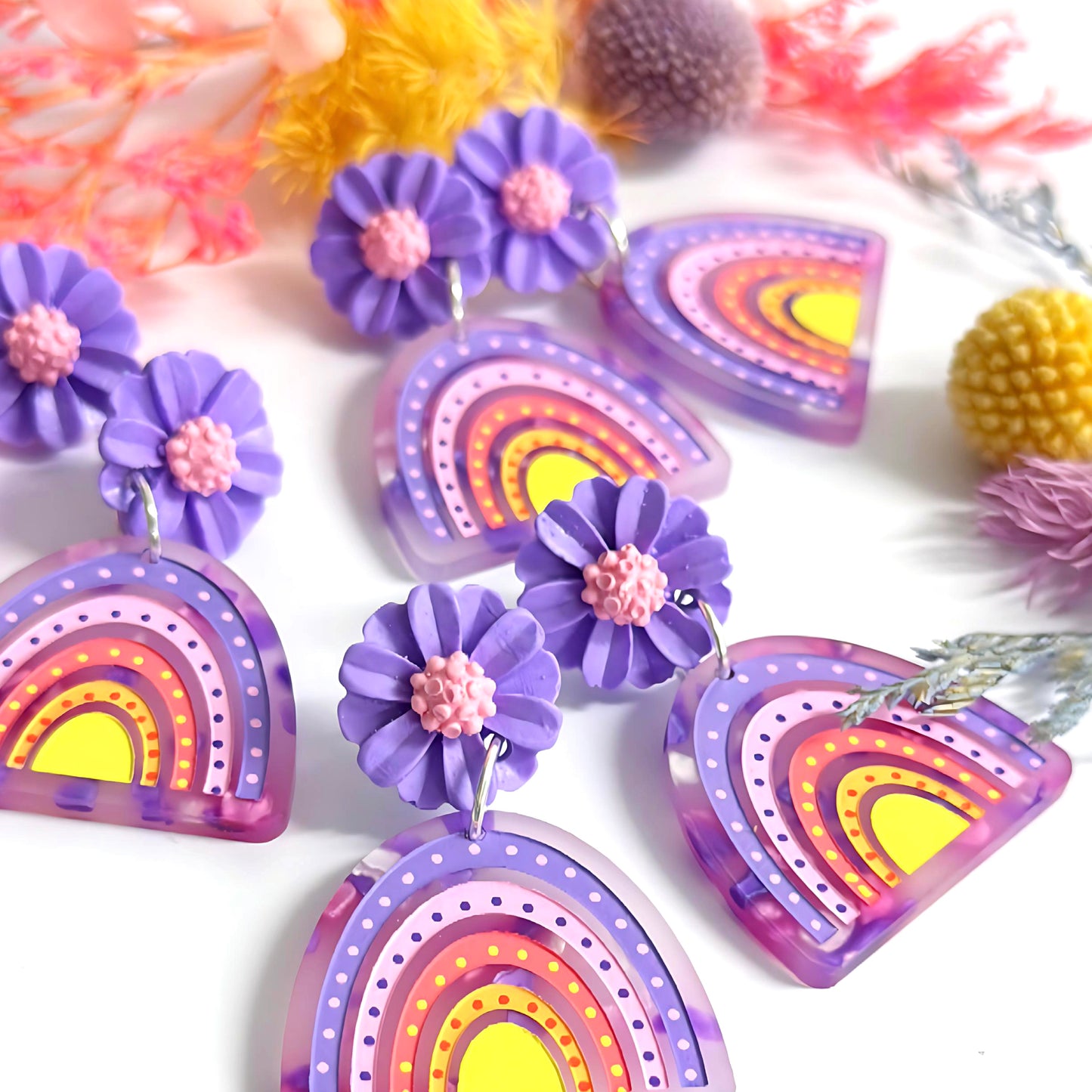 DAISY BOWS : Peach Pink Lavender : Handmade Acrylic Stud-top DROP Earrings