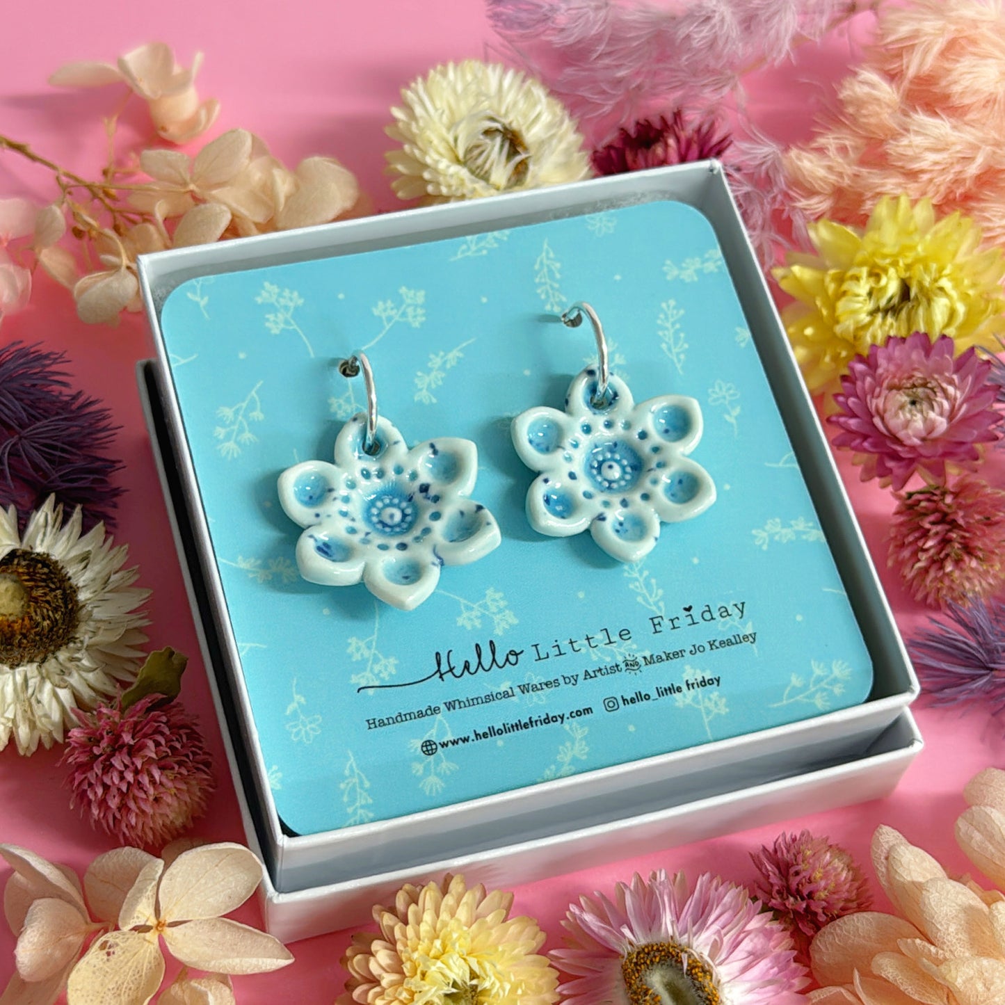 AQUA & BLUE MIST STARFLOWERS ~ One of a kind : PORCELAIN Drop Earrings by Jo Kealley