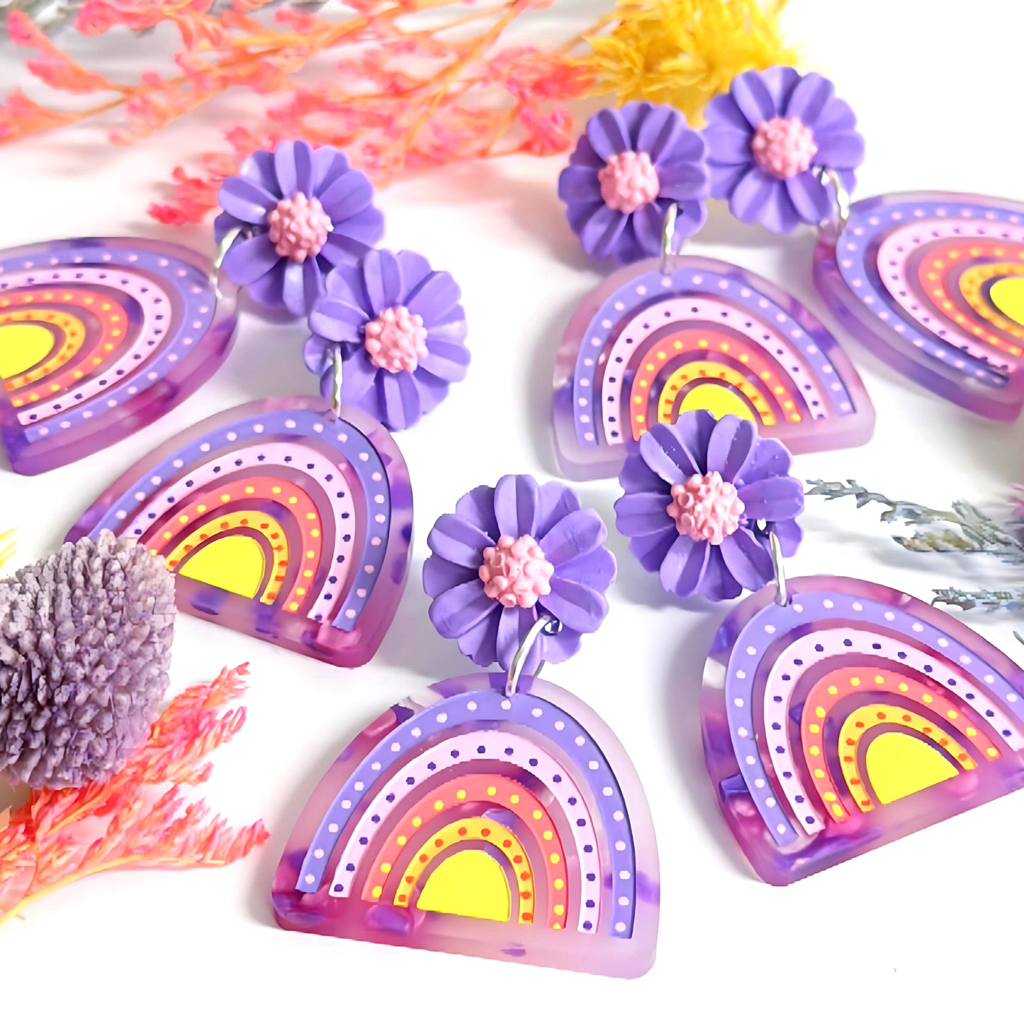 DAISY BOWS : Peach Pink Lavender : Handmade Acrylic Stud-top DROP Earrings
