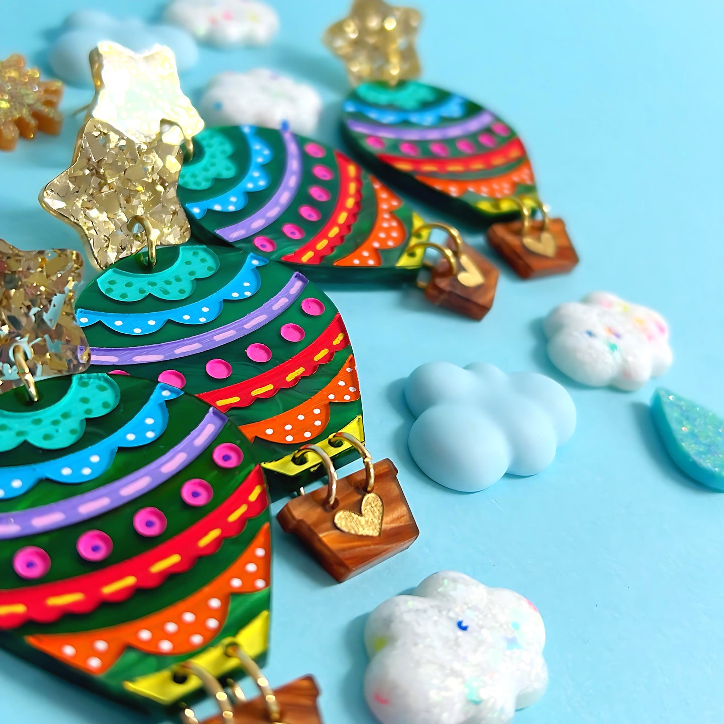 LET’S FLY AWAY : Emerald Shimmer : HOT AIR BALLOONS : Handmade Resin & Acrylic DROP Earrings