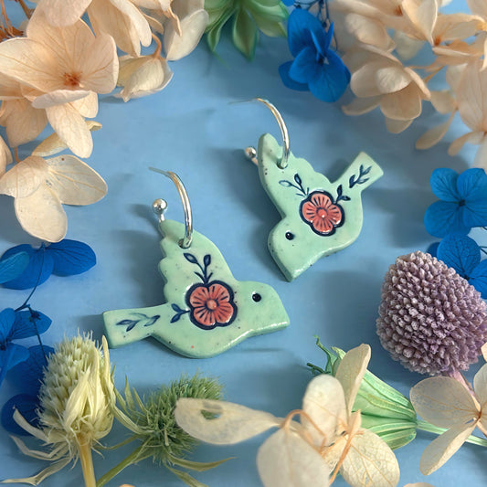 BOTANICA CERAMICA : Celadon Green: BLUEBIRDS : Ceramic Earrings by Jo Kealley