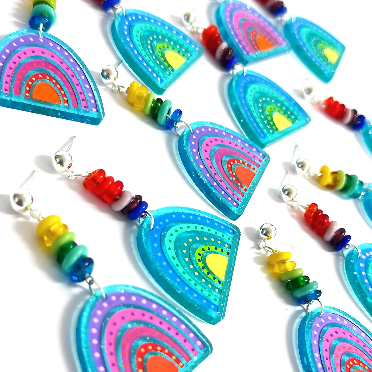 BEADED BOWS : Asymmetrical Rainbows : Handmade Acrylic Stud-top DROP Earrings