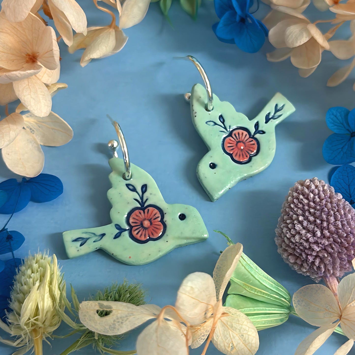 BOTANICA CERAMICA : Celadon Green: BLUEBIRDS : Ceramic Earrings by Jo Kealley