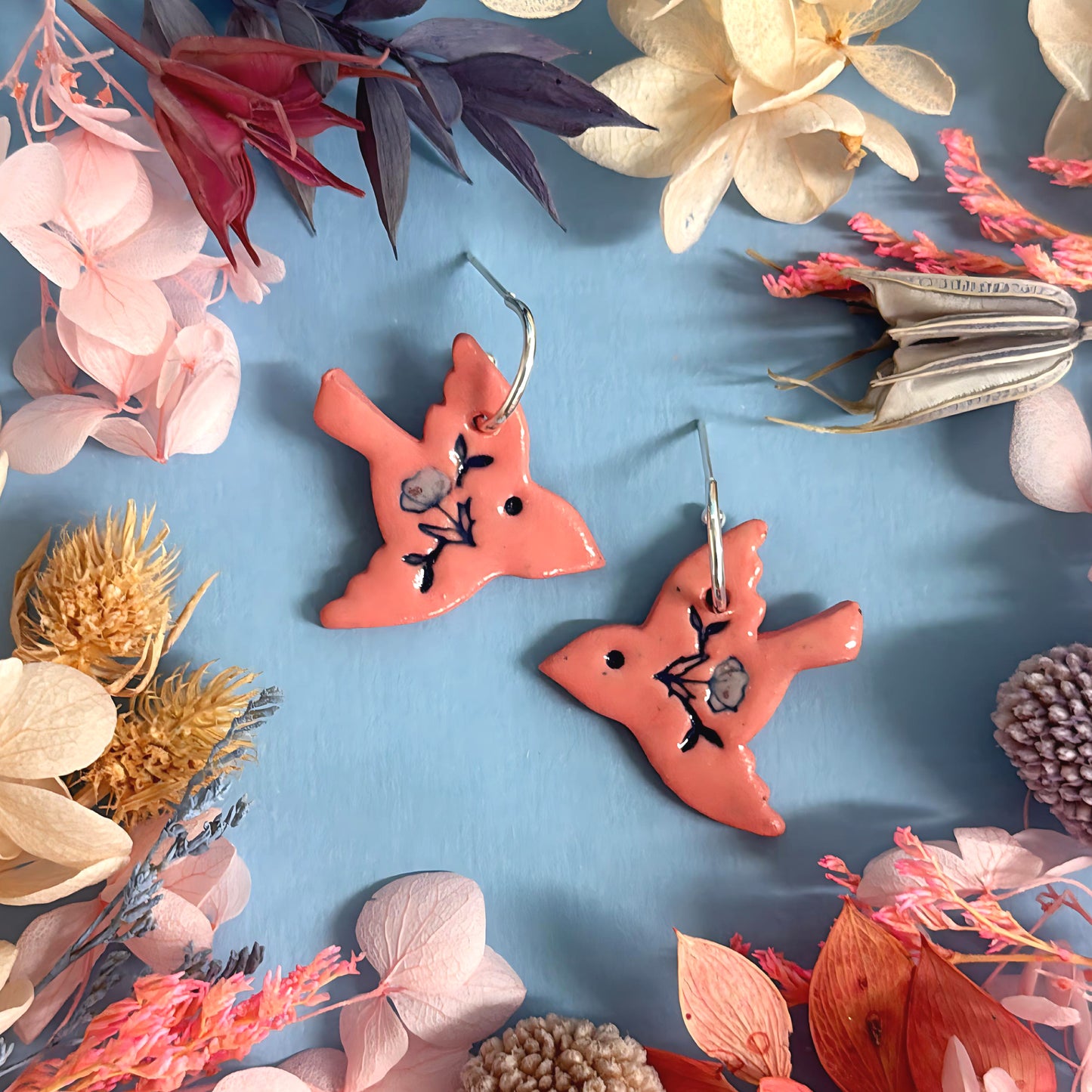 BOTANICA CERAMICA : Rose Pink : BLUEBIRDS : Ceramic Earrings by Jo Kealley