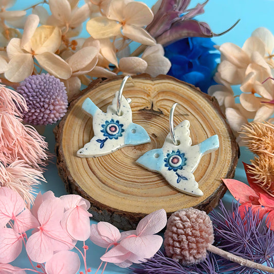 BOTANICA CERAMICA : BLUEBIRDS : Ceramic Earrings by Jo Kealley